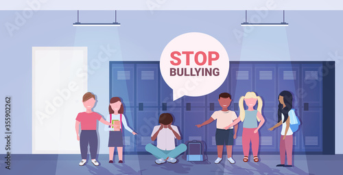 schoolboy being bullied by mix race classmates violence social anxiety stop bullying psychotherapy concept school corridor interior horizontal full length vector illustration