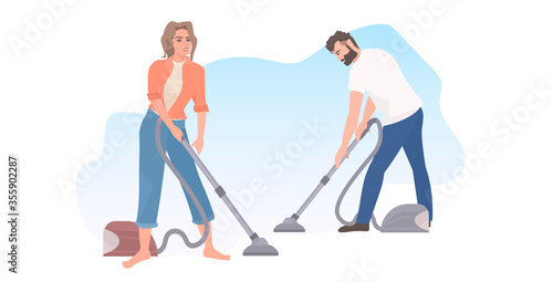 couple using vacuum cleaners man woman cleaning floor housekeeping concept horizontal full length vector illustration