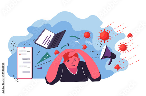 Quadro su tela Male character bombarded by coronavirus outbreak global crisis
