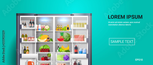 open refrigerator side by side fridge full of fresh food copy space horizontal vector illustration