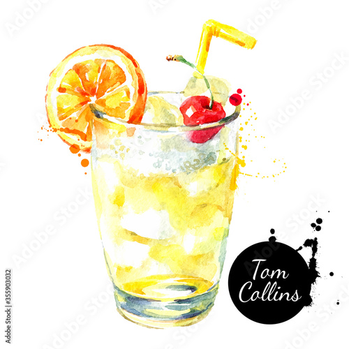 Hand drawn sketch watercolor cocktail Tom Collins. Vector isolated food illustration
