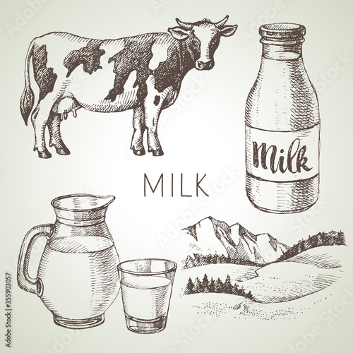 Hand drawn sketch milk products set. Vector black and white vector vintage illustration