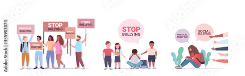 set stop bullying violence social anxiety psychotherapy concept horizontal full length vector illustration