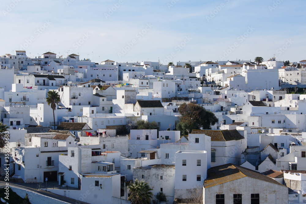 Vejer de la Frontera / Spain - December 26, 2016: Pueblos Blancos, the white houses are characteristic for the villages in Andalusia, Spain.