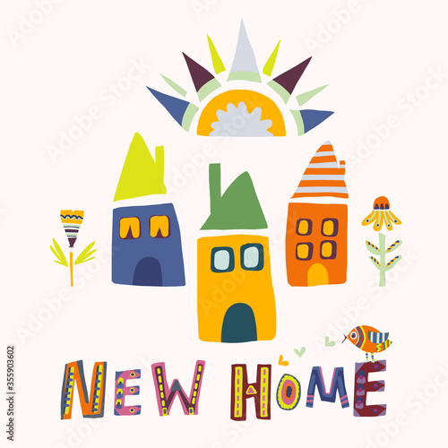 New home announcement card illustration. Paper cut out collage handwritten message. Relocation moving home note card. Typographic new address postcard.