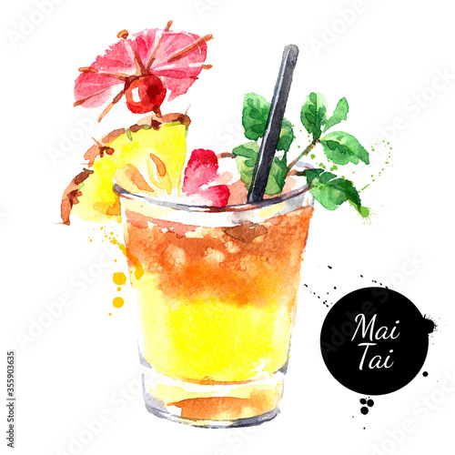 Hand drawn sketch watercolor cocktail Mai Tai. Vector isolated food illustration photo