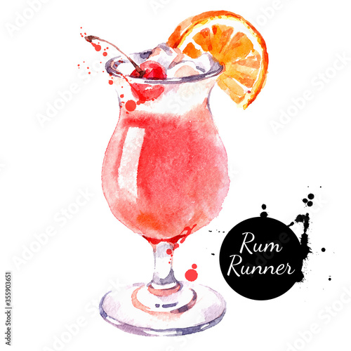 Hand drawn sketch watercolor cocktail Rum Runner. Vector isolated food illustration
