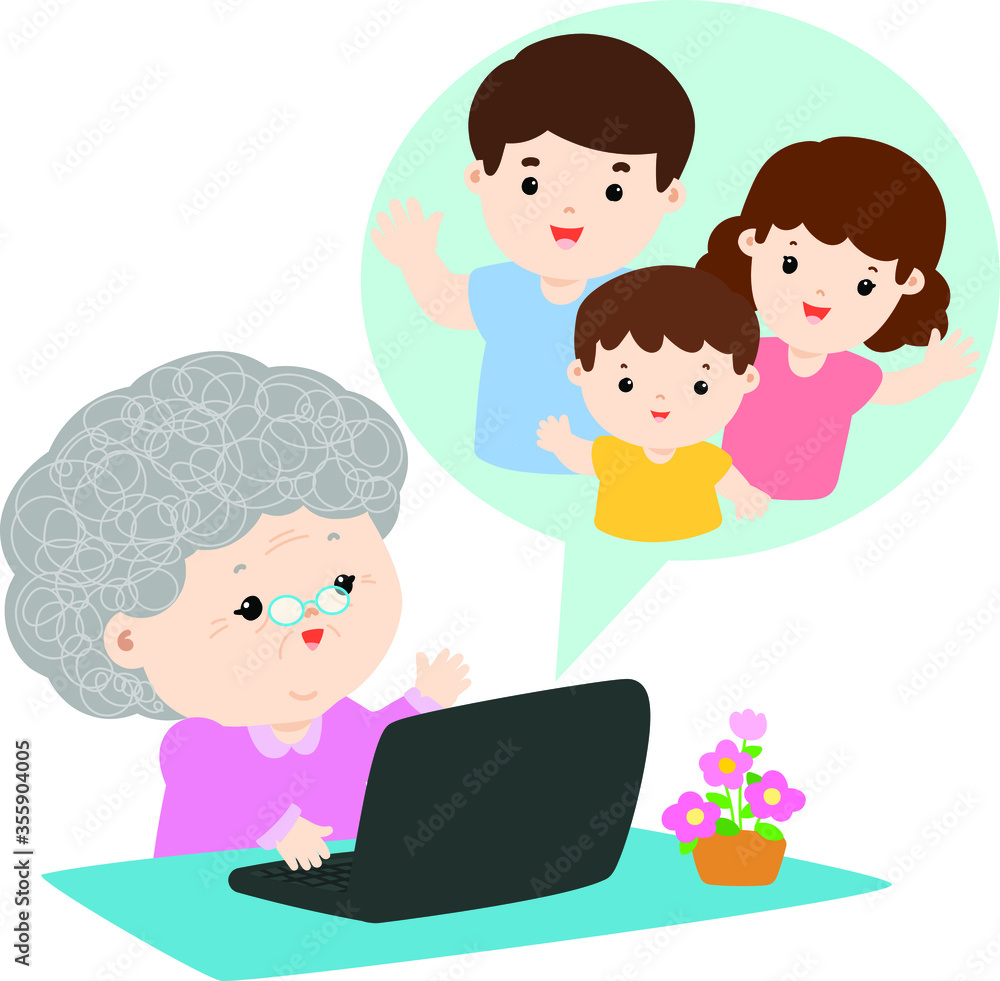 Grandmother have a video call chat with her family vector illustration.