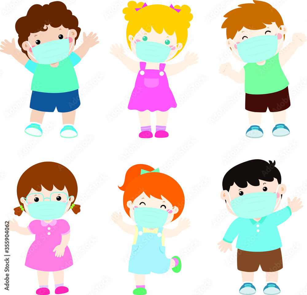 Children wearing a surgical mask to prevent coronavirus vector. Children wearing a surgical mask to prevent coronavirus vector.