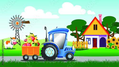 Cartoon tractor rides on a rural road and carries an apple crop in a trailer. Illustration, vector.