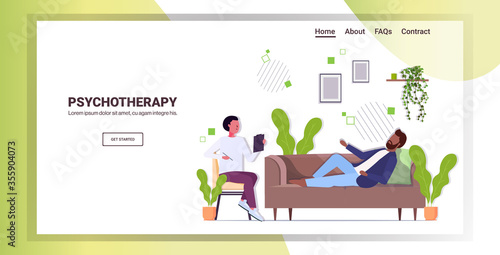 male psychotherapist consulting depressed african american man patient lying on sofa during psychotherapy session horizontal full length copy space vector illustration