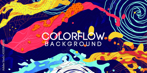 Flow of colorful splashes texture by waves, linear 3d polygonal, handmade patterns and textures, Material shapes on dark background, Liquid concept, Abstract vector illustration, Cartoo papercut