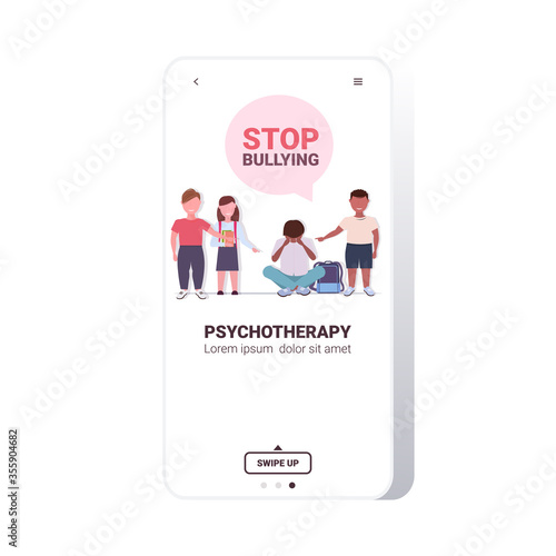 schoolboy being bullied by mix race classmates violence social anxiety stop bullying psychotherapy concept smartphone screen copy space full length vector illustration