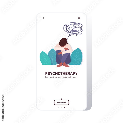 upset woman with bewildered thoughts in her mind depression problems stress psychotherapy concept smartphone screen full length copy space vector illustration
