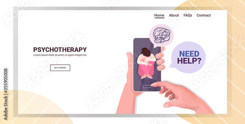 depressed woman using online mobile app psychotherapist consulting patient during internet psychotherapy session on smartphone screen copy space vector illustration