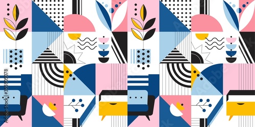 Abstract Seamless Pattern with Geometric Shapes and Home decor elements. Vector illustration