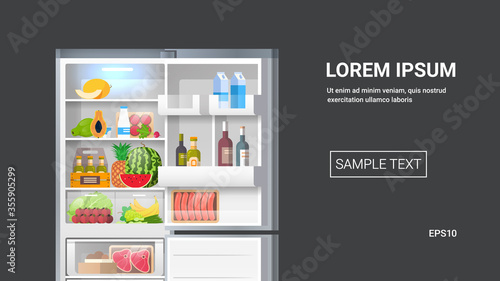 open refrigerator fridge full of fresh food copy space horizontal vector illustration