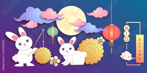 Mid autumn festival / Chinese festival with the moon, moon cake, rabbits, cloud, lantern and flowers on blue paper. Vector illustration