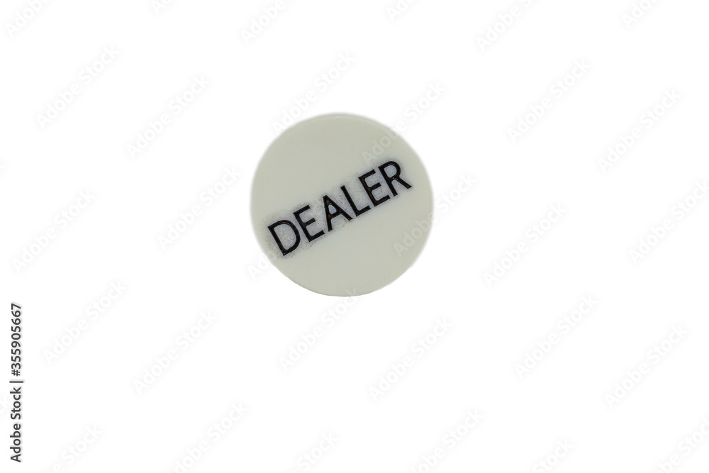 White plaque with the word dealer. The plaque is on a white background. White plaque with the word dealer. The plaque is on a white background.
