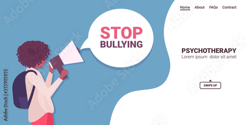 african american woman shouting into megaphone to stop bullying depressed girl announcing with loudspeaker psychotherapy concept horizontal copy space portrait vector illustration