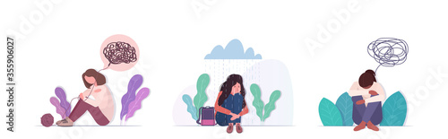 set upset girl crying depression problems stress psychotherapy mental health depression concept horizontal full length vector illustration