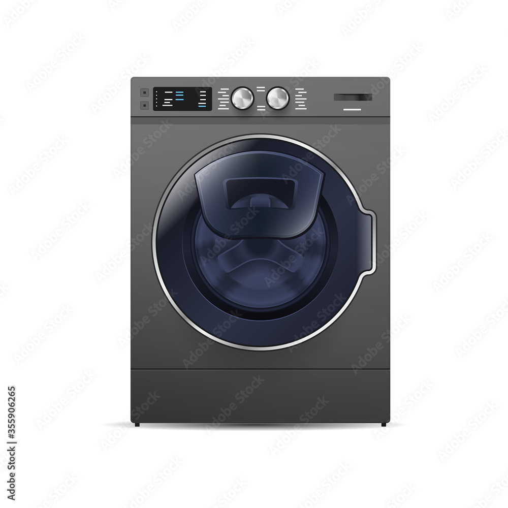 realistic washing machine isolated on white background front view of steel washer domestic household appliance concept vector illustration