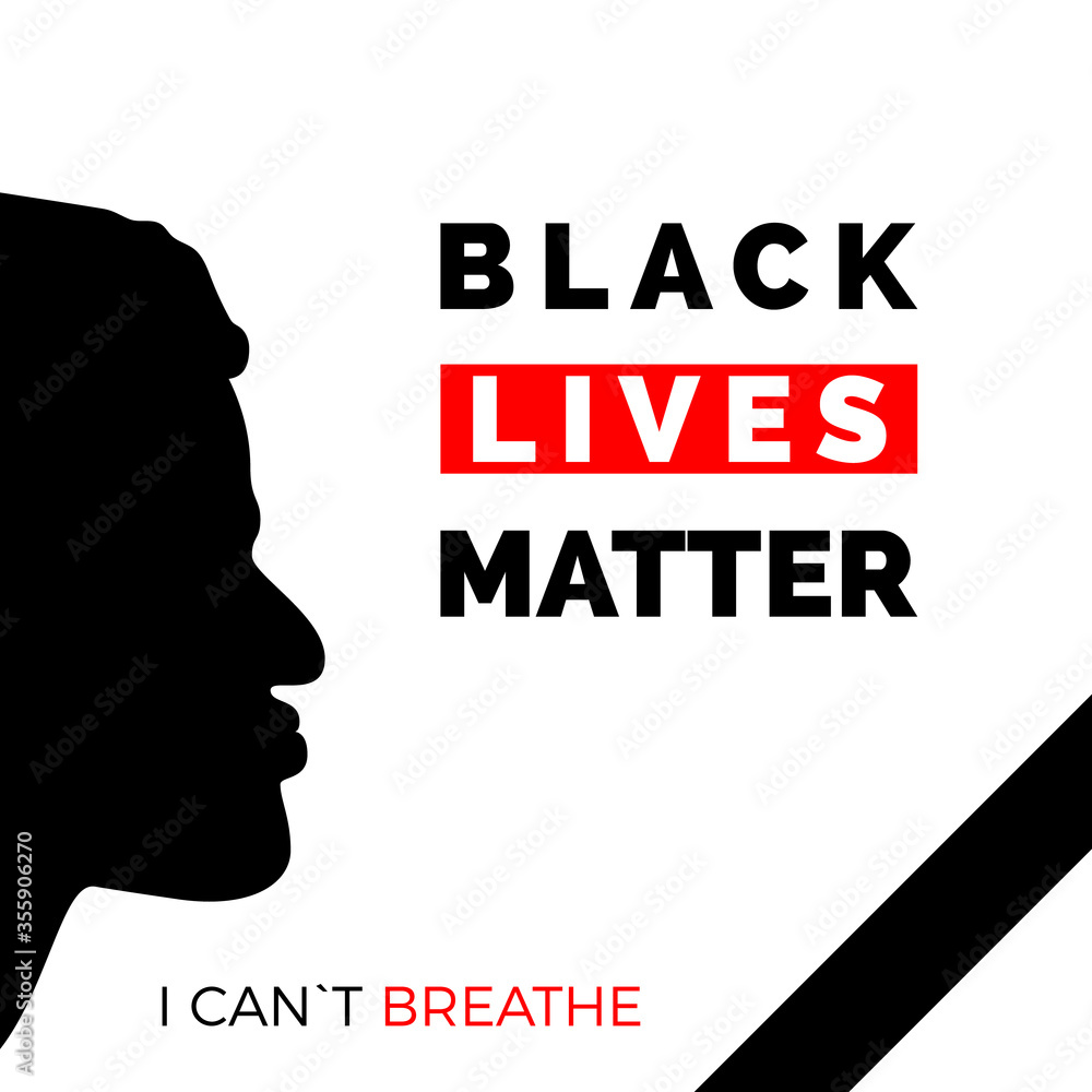 Black Lives Matter and i can`t breathe text on poster. Black face profile and mourning ribbon. Humanity social issue. Vector