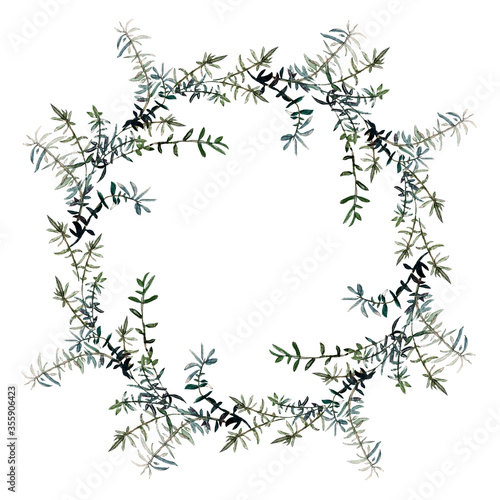Herbal wreath of green rosemary twigs isolated on white. Watercolour illustration. For invitations  cards  menu  cookbook and packaging design.