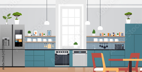 modern kitchen interior with new refrigerator oven and microvawe home appliances concept horizontal vector illustration photo