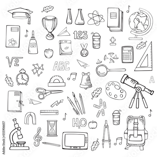  School supplies linear vector icons set. Hand drawings isolated on white background.