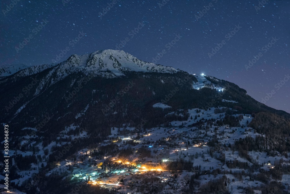 Night photo of Veysonnaz in Alps mountain resort Les 4 Vallees Switzerland