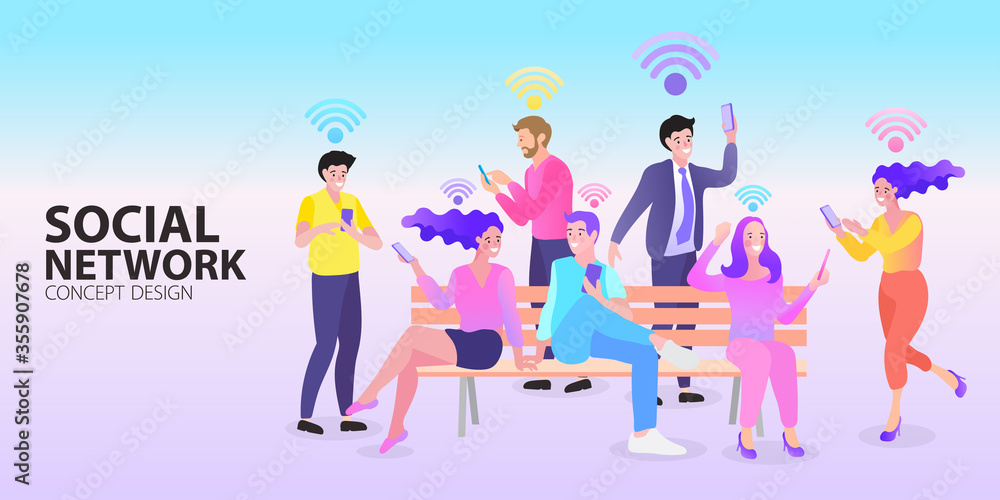 People in free internet zone using mobile gadgets. group of people with different poses. Vector illustration in flat style.