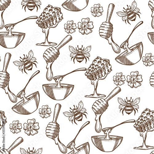 Beehive with bees, flowers and honey in plate seamless pattern