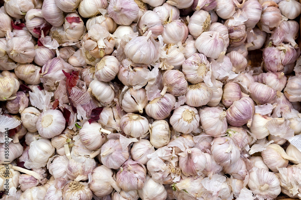 garlic at the supermarket kiosk. Fresh garlic on display in the grocery store. garlic at the supermarket kiosk. Fresh garlic on display in the grocery store.