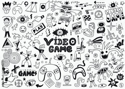 video games doodle set pencil drawings