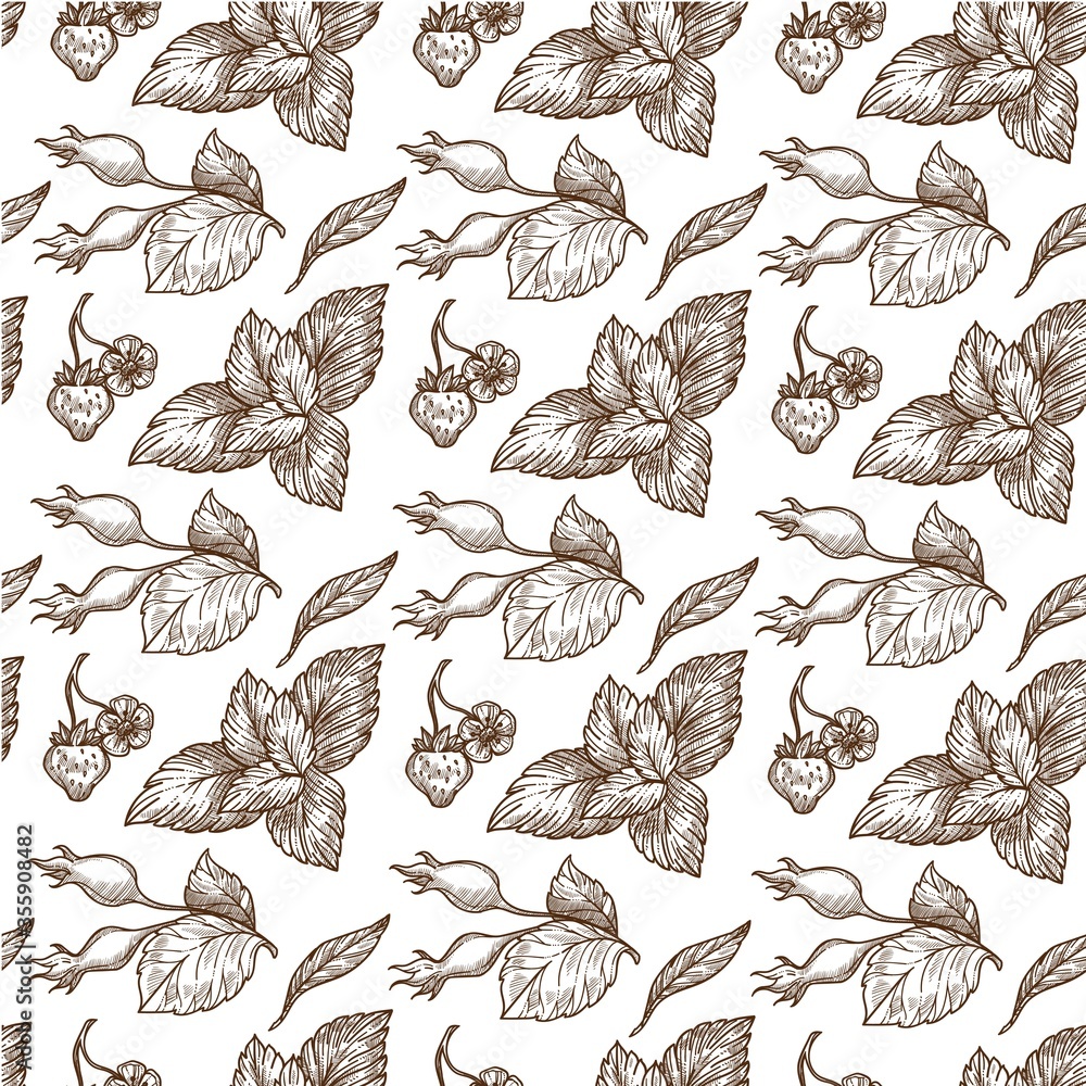 Growing strawberry with berries, dieting nutrition seamless pattern