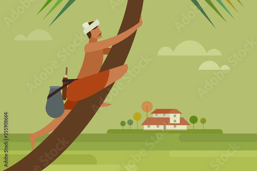 Illustration of a toddy tapper climbs up a coconut tree to collect sap. A scene from the rural Kerala, India. 
