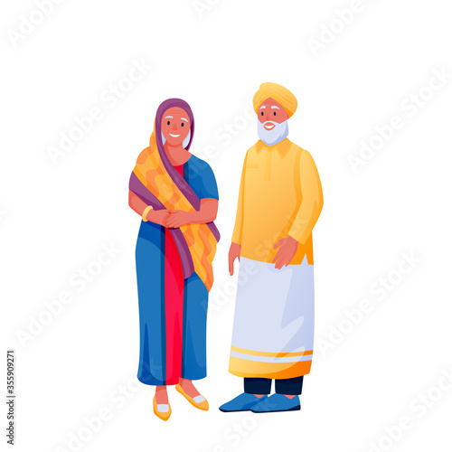 Indian senior couple, isolated on white background. Indian woman in sari, man in shirt and turban. Vector illustration