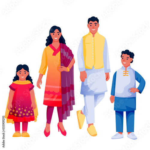 Indian family with two kids on white background. Father, mother, boy, girl in traditional clothing. Vector illustration