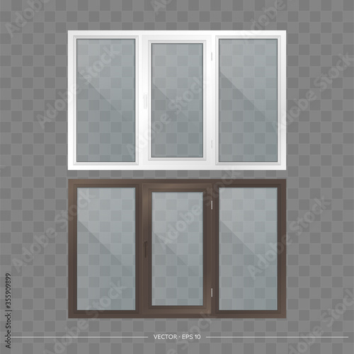 Set of metal-plastic windows with transparent glasses. Modern windows in a realistic style. Vector.