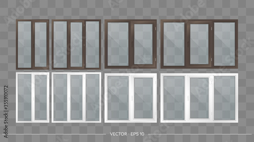 Set of metal-plastic balconies with transparent glasses. Modern balconies in a realistic style. Vector.