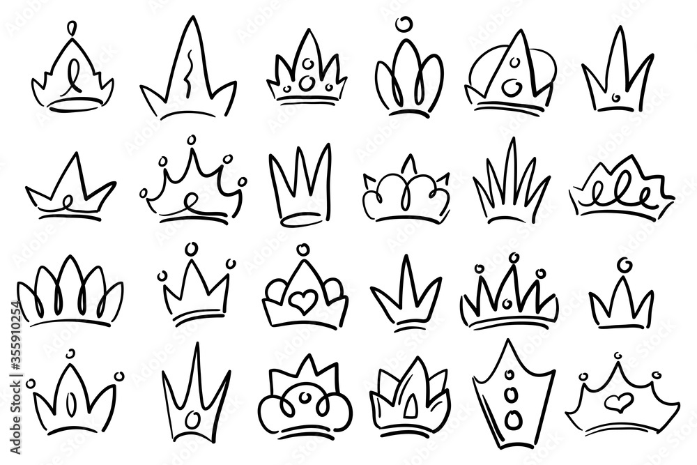 Fototapeta Playful crown set on white background. Black handdrawn doodle for king and queen, prince and princess