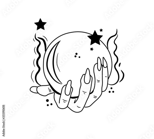 A hand holding a magic ball, a glass wheel, predicts the future, a witch and magic, spells