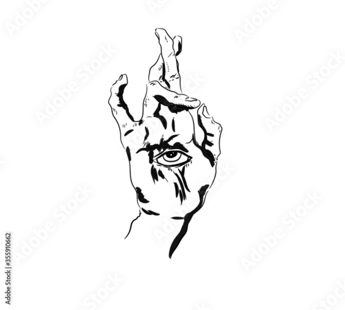 Hand with eye, Magic eye. Fatima's hand. Magic, religion, meditation, peace