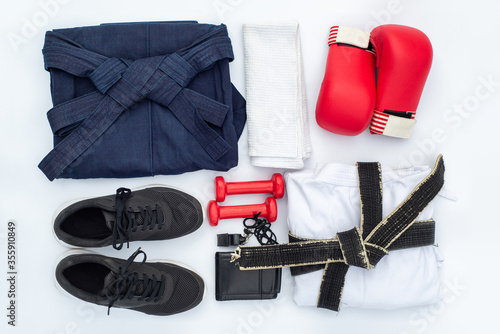 Martial arts. Set of items and accessories for sports and a healthy lifestyle. Background for karate, aikido, judo.