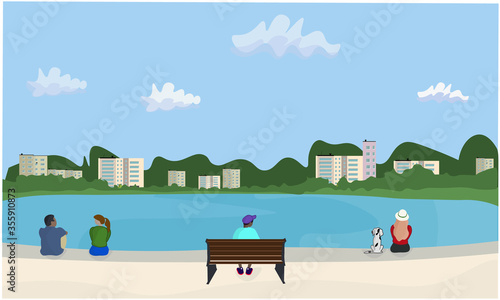 People sitting in the park near lake. Social distancing. Vector illustration