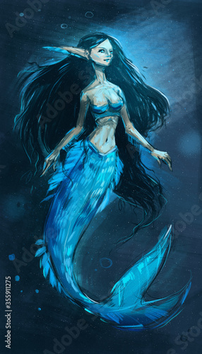 Digital painting illustration sketch illustration with mermaid. Digital painting style. Painting with mermaid in an ocean. Blue colors.