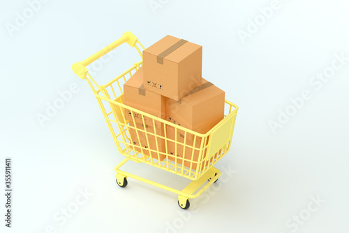 Package boxes and yellow shopping cart, 3d rendering.