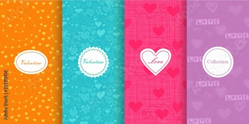 Set of Cute bright seamless patterns with hearts. Vector illustration bright design. Abstract seamless hand drawn patterns on vibrant background.