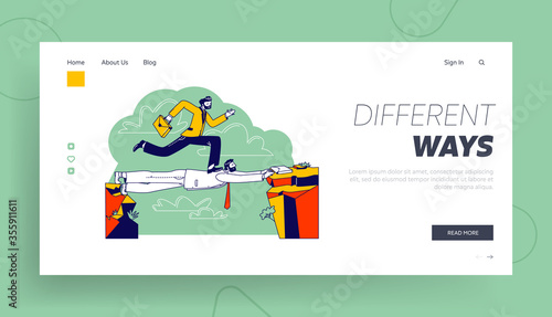 Challenge, Leadership, New Opportunity Success Landing Page Template. Business Man Careerist, Social Climber Character Run over Head of Colleague Like on Bridge. Linear People Vector Illustration